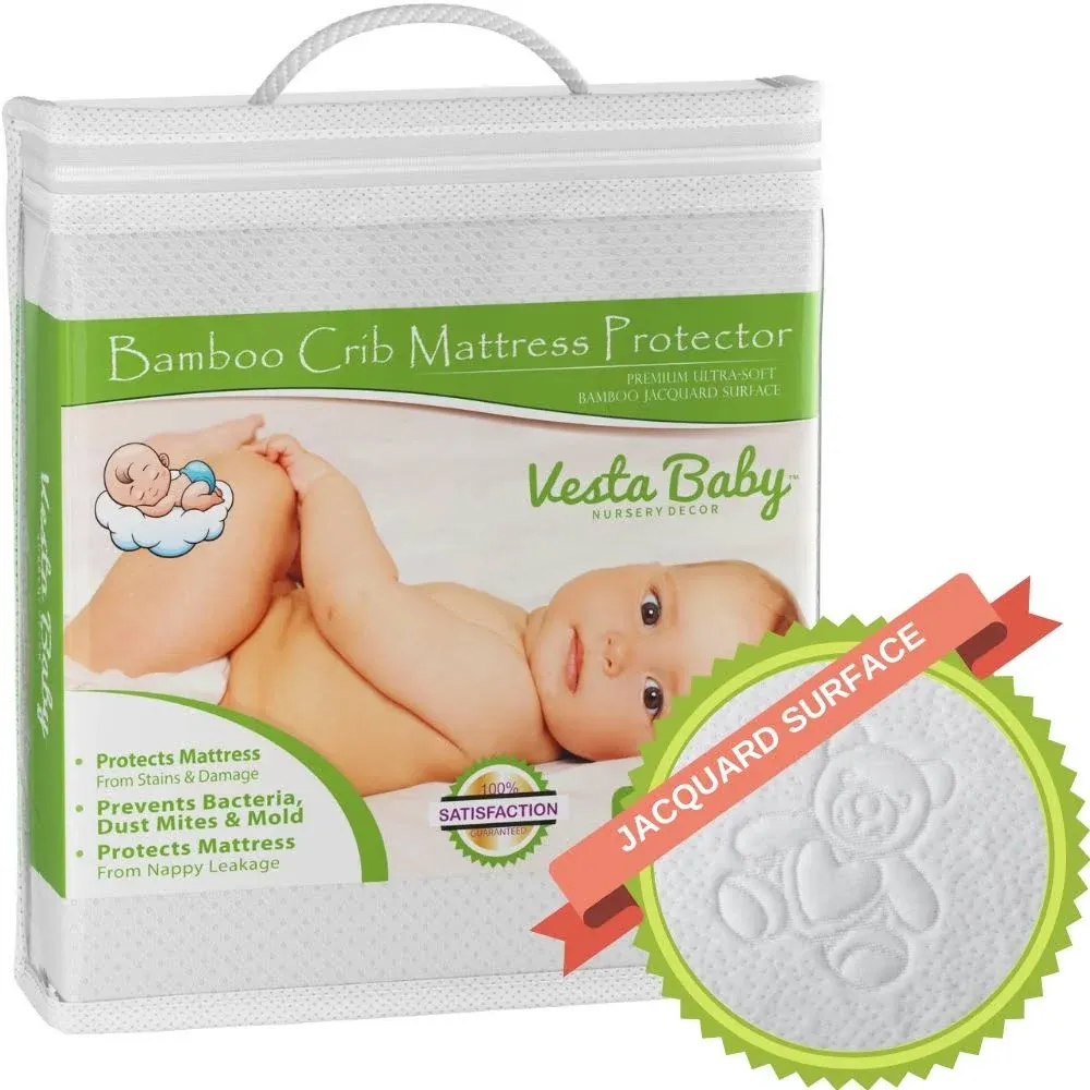 Vesta Baby Crib Mattress Protector - 52” x 28” Noiseless Waterproof Pad Cover - Absorbent Soft Jacquard Bamboo Rayon Fitted Sheet for Infant & Toddler Potty Training