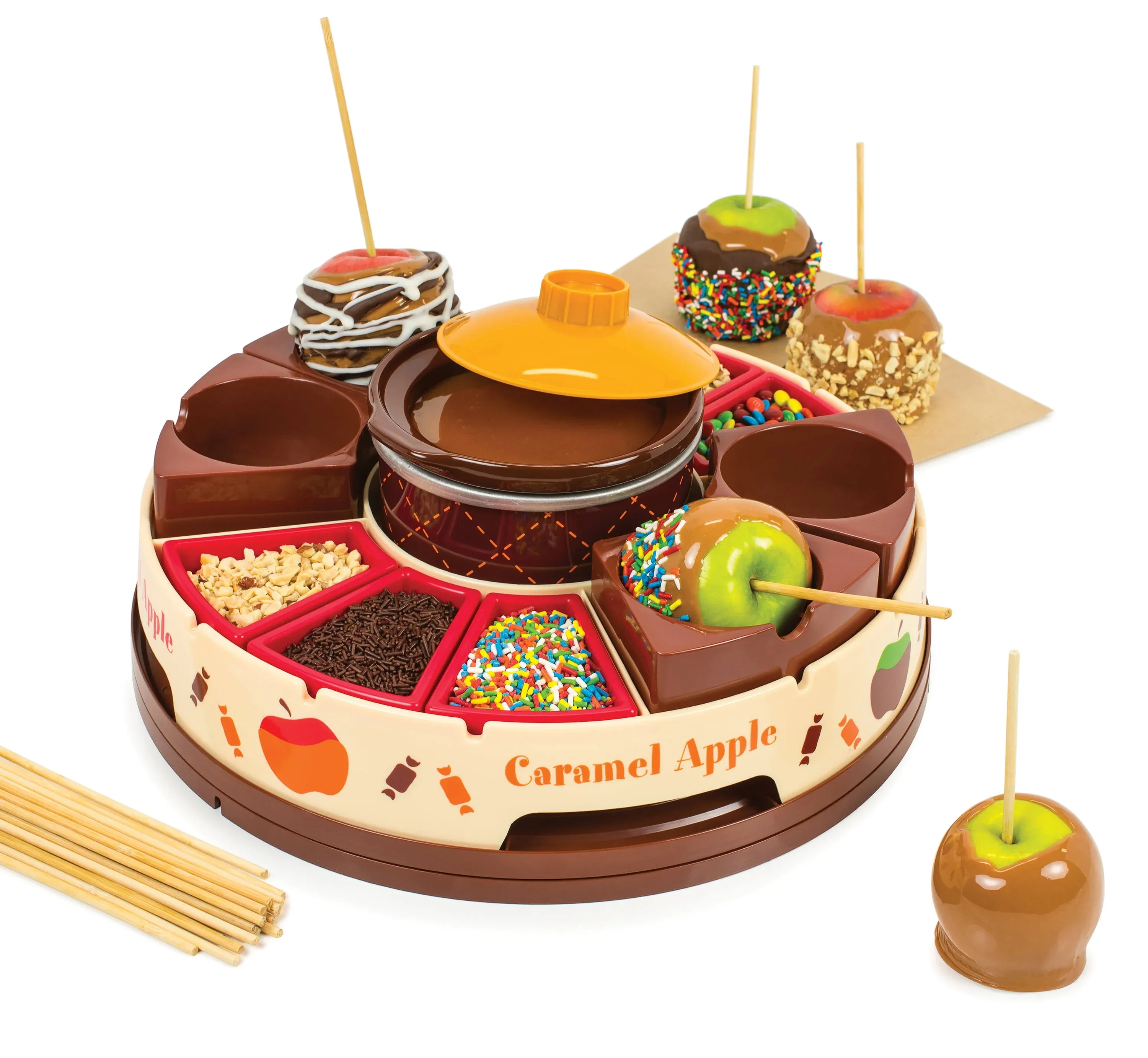 Lazy Susan Chocolate Caramel Apple Party with Heated Fondue Pot, 25 Sticks, Decorating and Toppings Trays