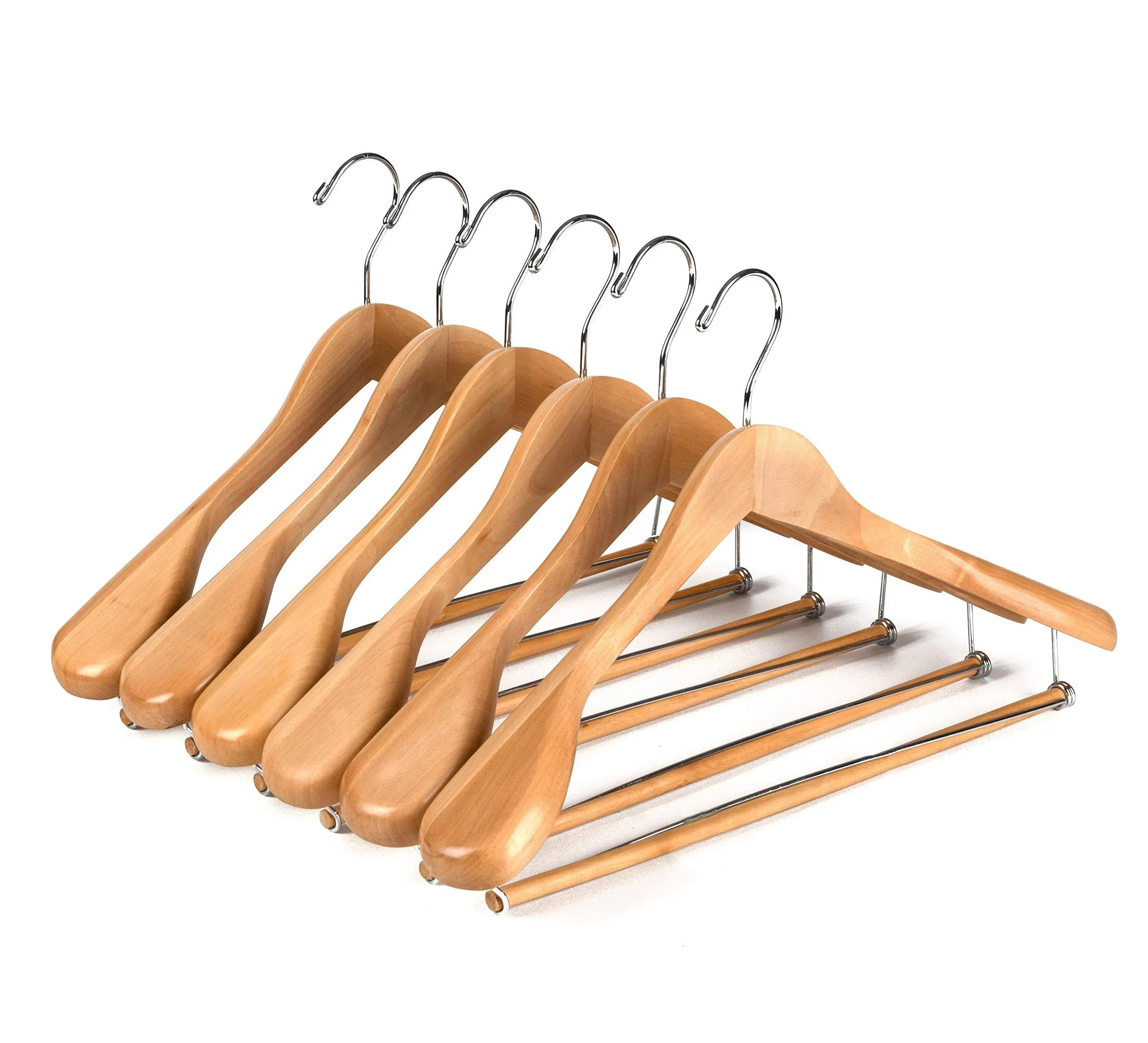 Luxury Wide Shoulder Wooden Hangers 6 Pack, with Locking Bar, Smooth Natural