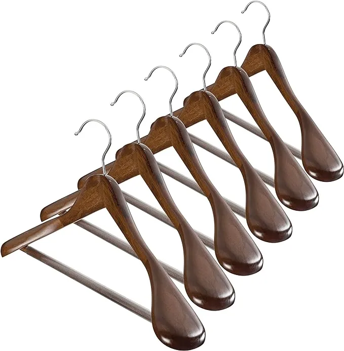 High-Grade Wide Shoulder Wooden Hangers 6 Pack with Non Slip Pants Bar - Smooth