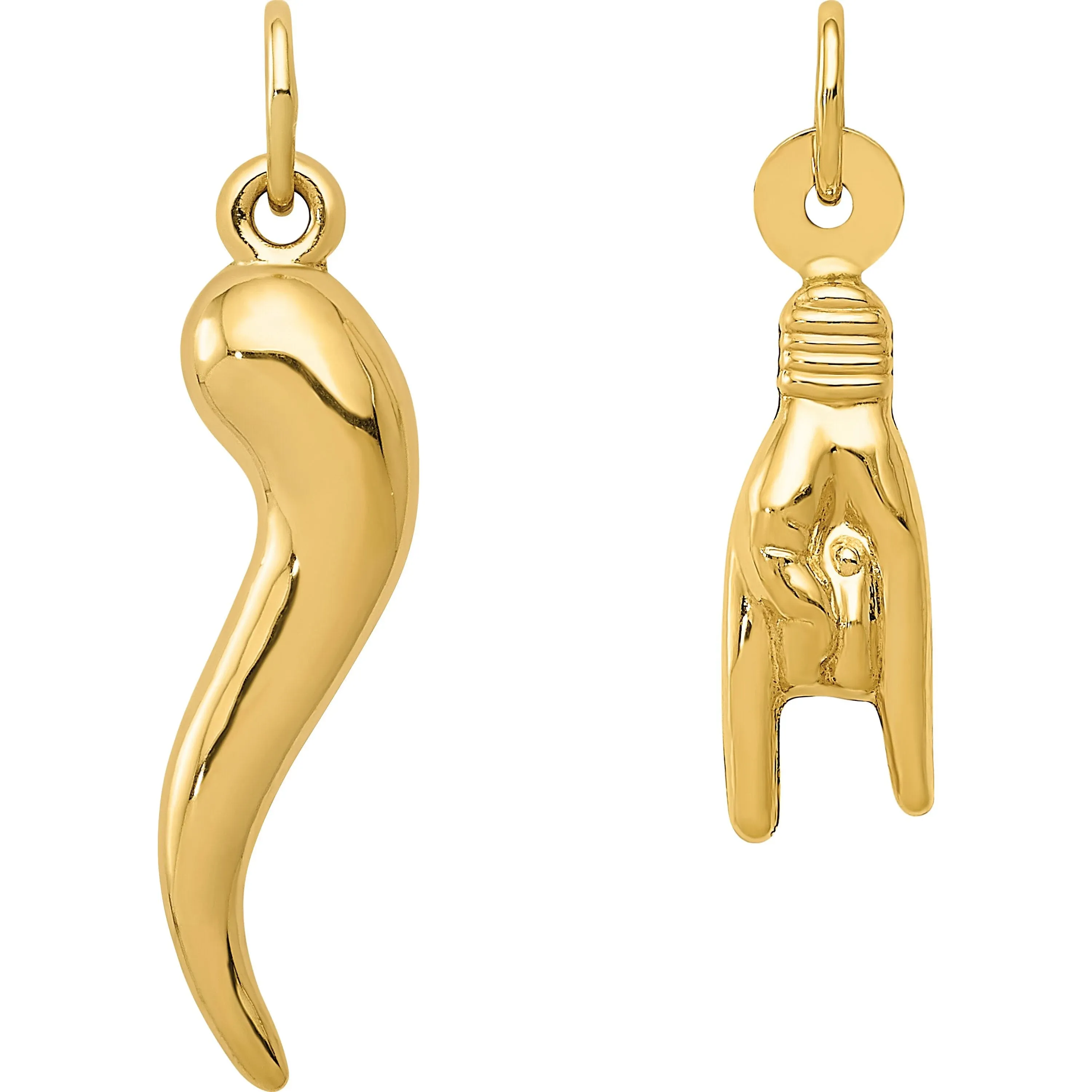 14K Yellow Gold Italian Horn & Mano Cornuto Italian Hand Sign Charms Kit 2 Pcs