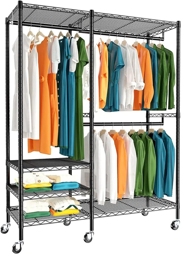 Raybee Heavy Duty Clothes Rack with Wheels, Freestanding Portable Closet, Rolling Garment Rack for Hanging(FREESTANDING/WHEELS), Wheels-Black