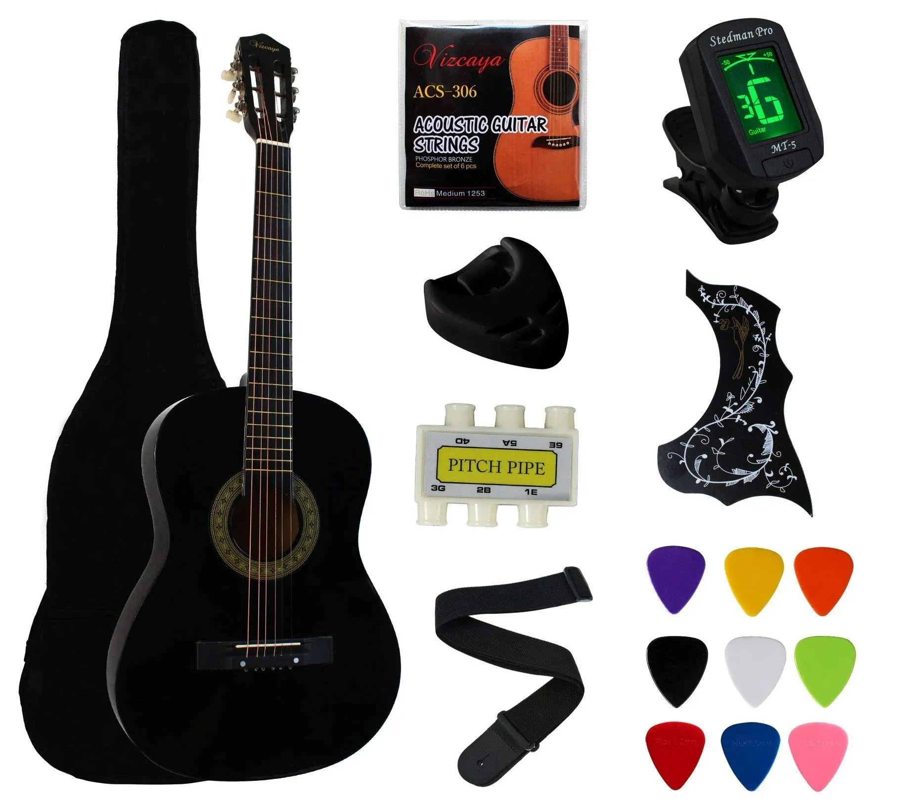 YMC 38" Black Beginner Acoustic Guitar Starter Package Student Guitar with Gig BagStrap3 Thickness 9 picks2 PickguardsPick HolderExtra