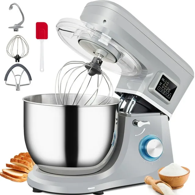 VEVOR Stand Mixer 660W Electric Dough Mixer 6 Speeds LCD Screen Timing 7.4 qt Stainless Steel Bowl Gray