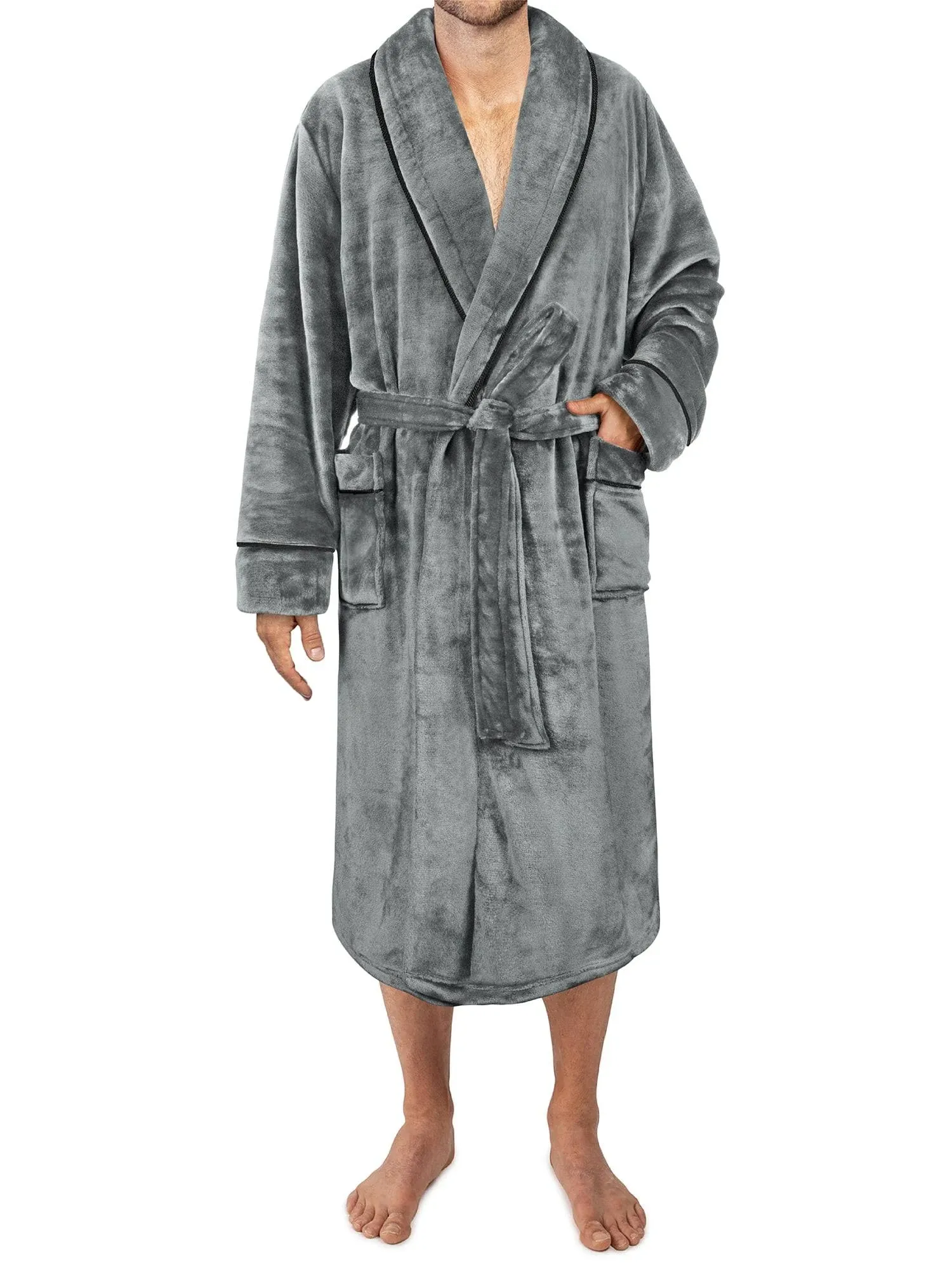 Pavilia Mens Soft Robe, Plush Warm Bathrobe for Men, Long Spa Robe with Shawl Collar, Pockets, Trim Piping (Grey), Men's, Size: One size, Gray