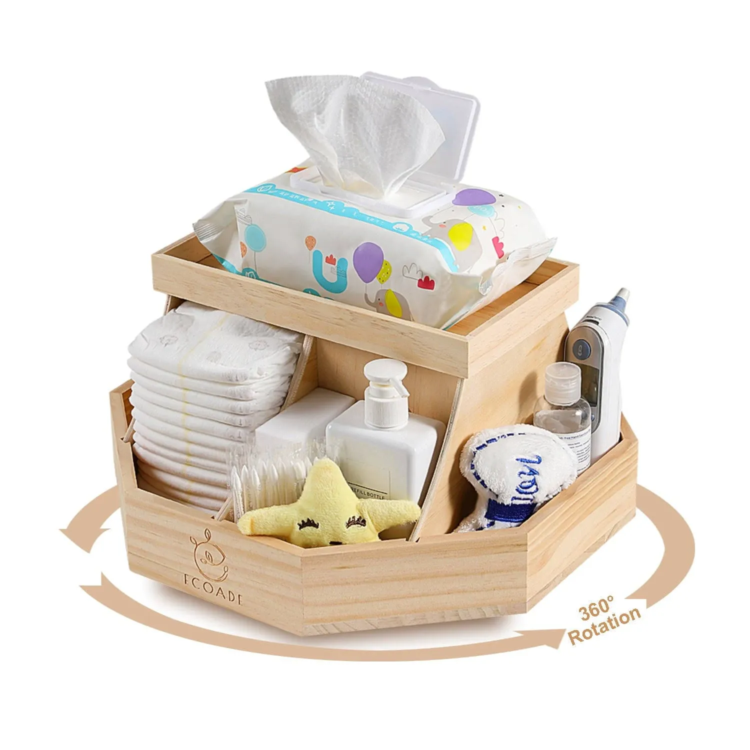 Wooden Diaper Caddy Organizer - 360 Degrees Rotating Caddy with Removable