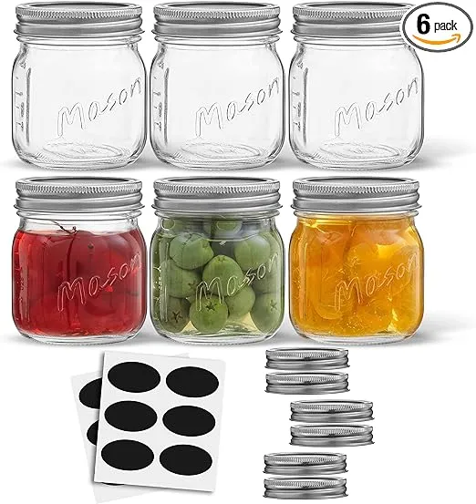 8 Oz Mason Jars With Lids, Labels and Measures! 6-Pack Wide Mouth Mason Jars, Glass Jar with Lid and Band. Airtight Canning Jars, Overnight Oats Jars, Salad Jars, Sourdough Starter Jar