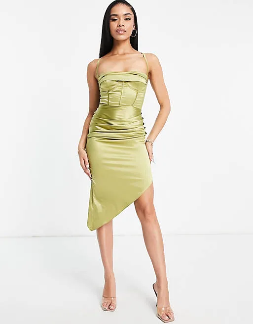 ASOS DESIGN satin cowl bust wired corset ruched midi dress in olive