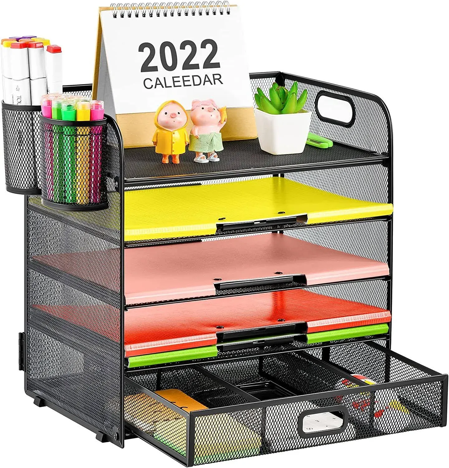 Lavatino 5 Tier Paper Organizer for Desk, Letter Tray with Drawer and 2 Pen Holders, Mesh