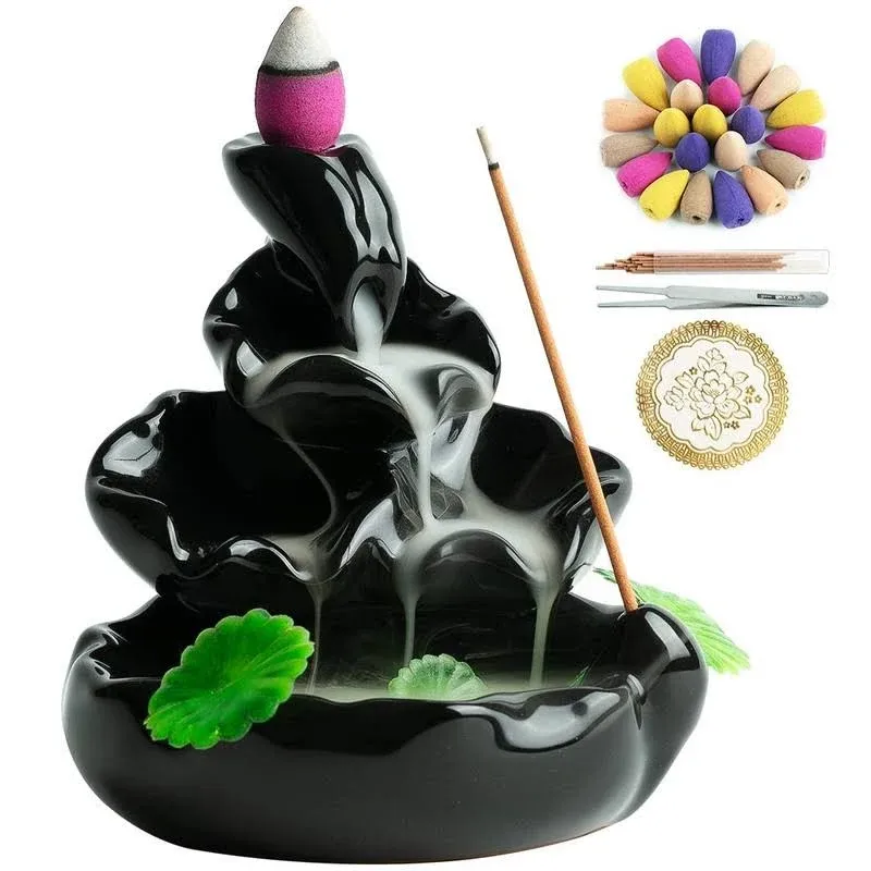 Cute Ceramic Backflow Incense Holder Waterfall Incense Burner with 48 Incense Cones and 30 Incense Stick, Incense Fountain for Home Decor, Desk Decor(Black)