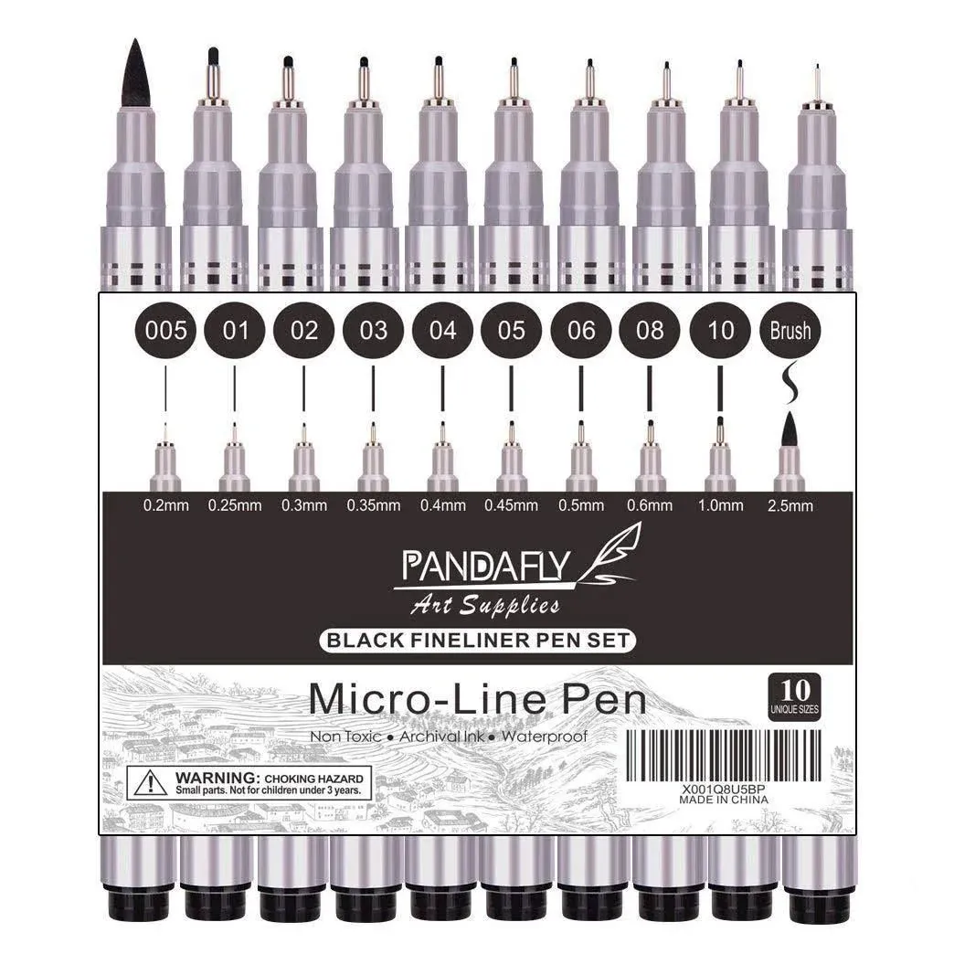 PANDAFLY Precision Micro-Line Pens, 10 Size Black Micro-Pen Fineliner Ink Pens, Waterproof Archival Ink Pens Multiliner Pens for Artist Illustration,