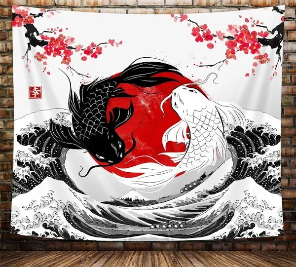 NYMB Japanese Anime Tapestry, Black and White Yin Yang Koi Fish Tapestry for Bedroom Aesthetic, Asian Wave Cherry Blossom Tapestries Poster Beach Blanket College Dorm Home Decor, 60X40in