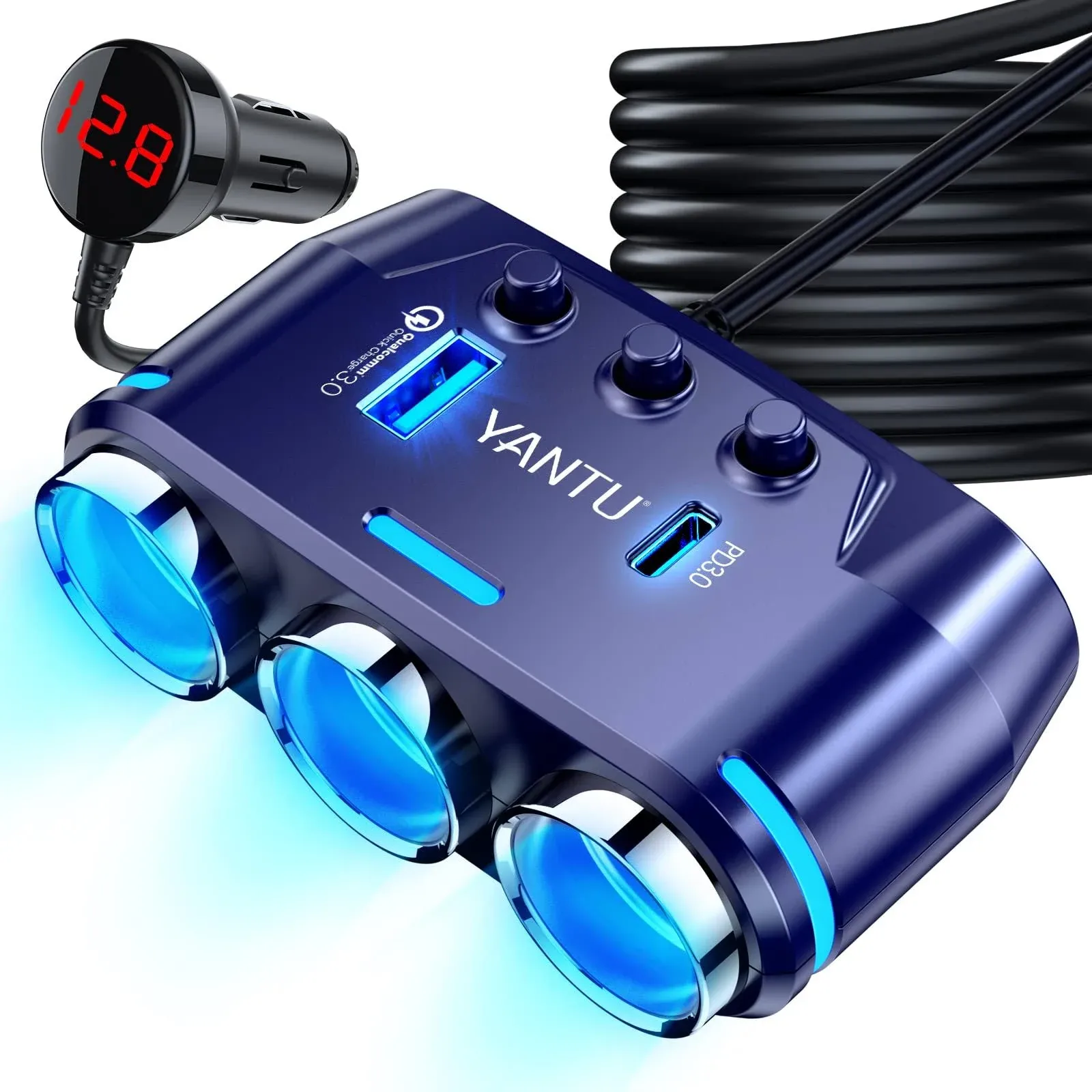 YANTU Cigarette Lighter Adapter, Car Charger Adapter 3 Socket Cigarette Lighter Splitter with LED Voltage Display PD/QC 3.0 Charger On/Off Switches