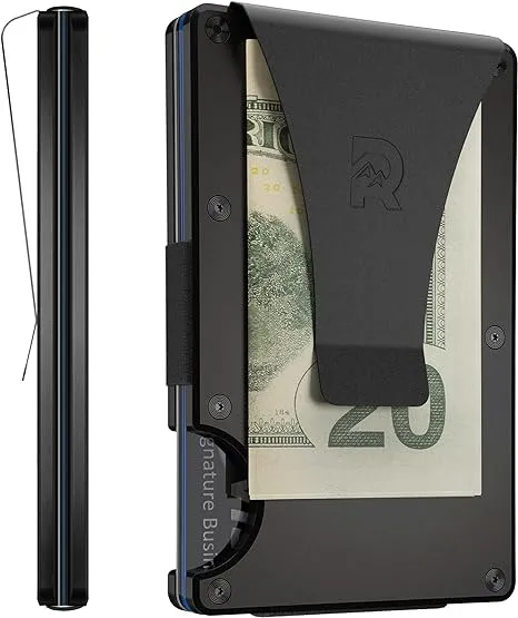 The Ridge Minimalist Slim Wallet For Men - RFID Blocking Front Pocket Credit Card Holder - Aluminum Metal Small Mens Wallets with Cash Strap (Black)