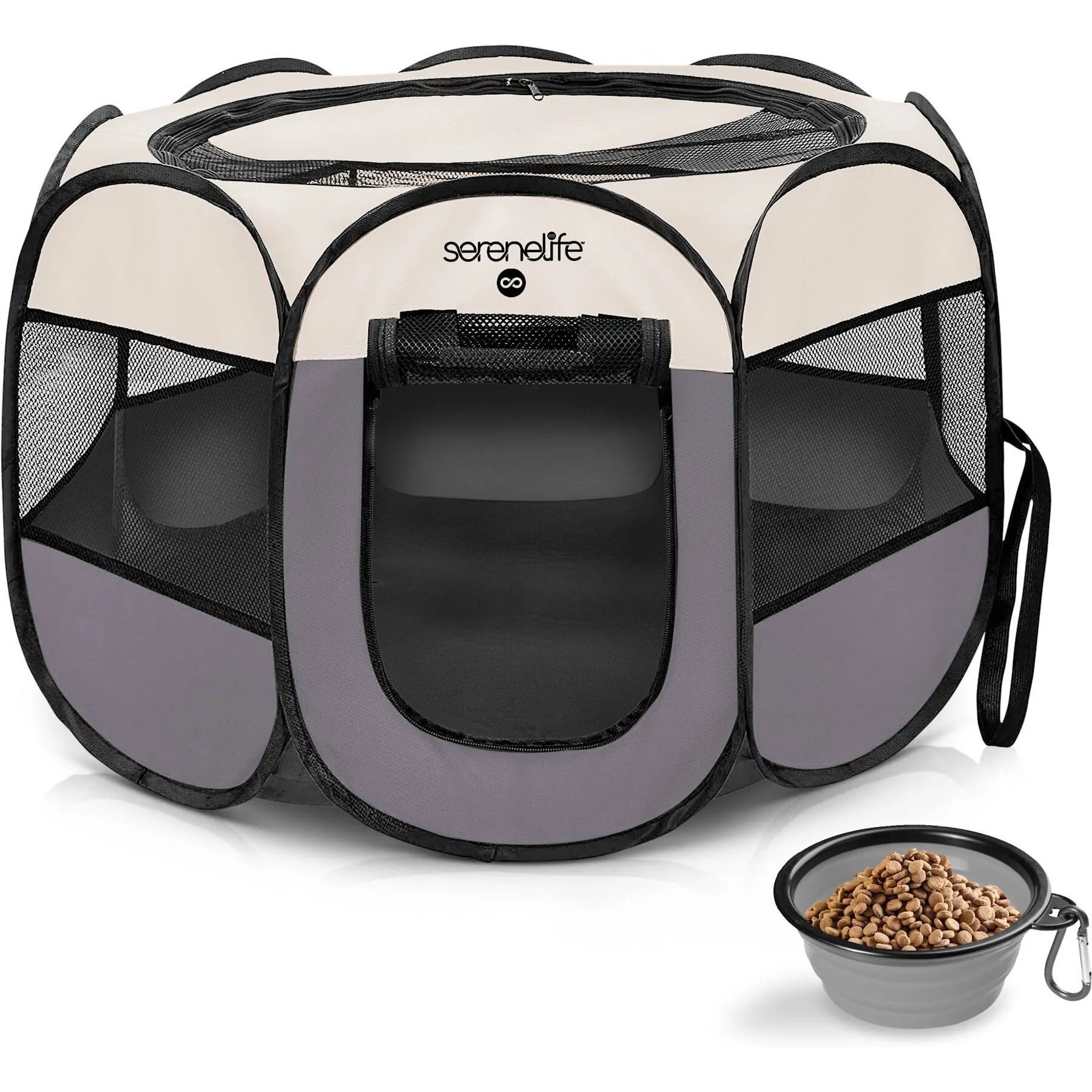 SereneLife On-The-Go Foldable Portable Pet Tent 8-Panel Playpen for Dog & Cat w/Food/Water Bowl, Mesh Exercise Puppy Playground, Pet House Indoor & Outdoor, Travel & Camping Pet Kennel (Grey, Medium)