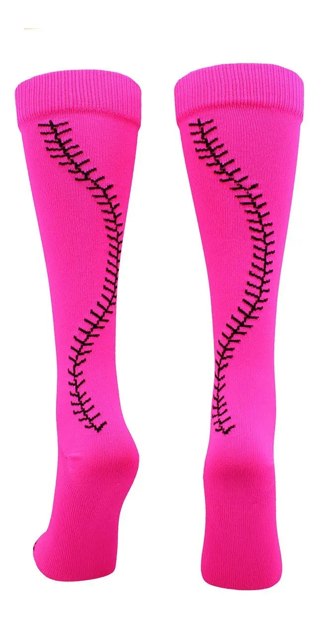 MadSportsStuff Softball Socks with Stitches Over The Calf Neon Pink/Black, Mediu