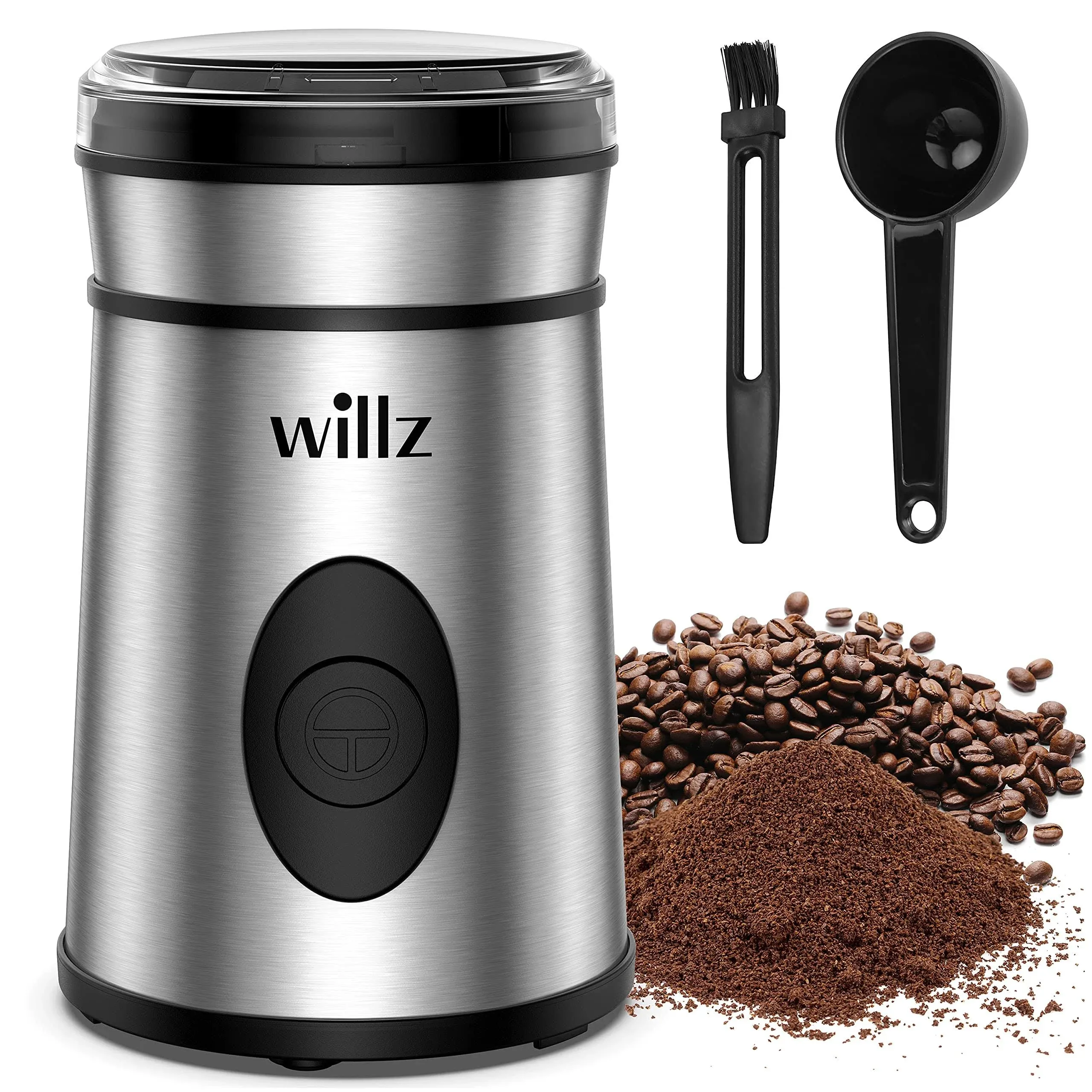 Willz Electric Coffee Grinder for Coffee Beans, Spices, & Herbs with Easy On/Off Button Control, 50g Grinding Capacity, Makes up to 6 cups, Stainless Steel