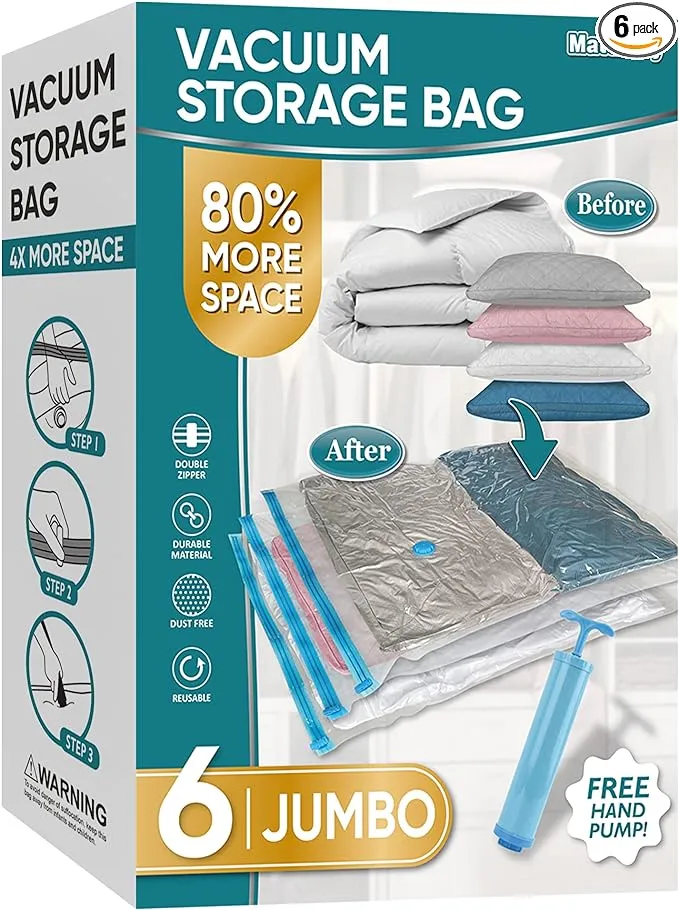 Space Saver Vacuum Storage Bags, 6 Pack Jumbo Space Saver Bags with Pump, Storage Vacuum Sealed Bags for Clothes, Comforters, Blankets, Bedding (Jumbo)