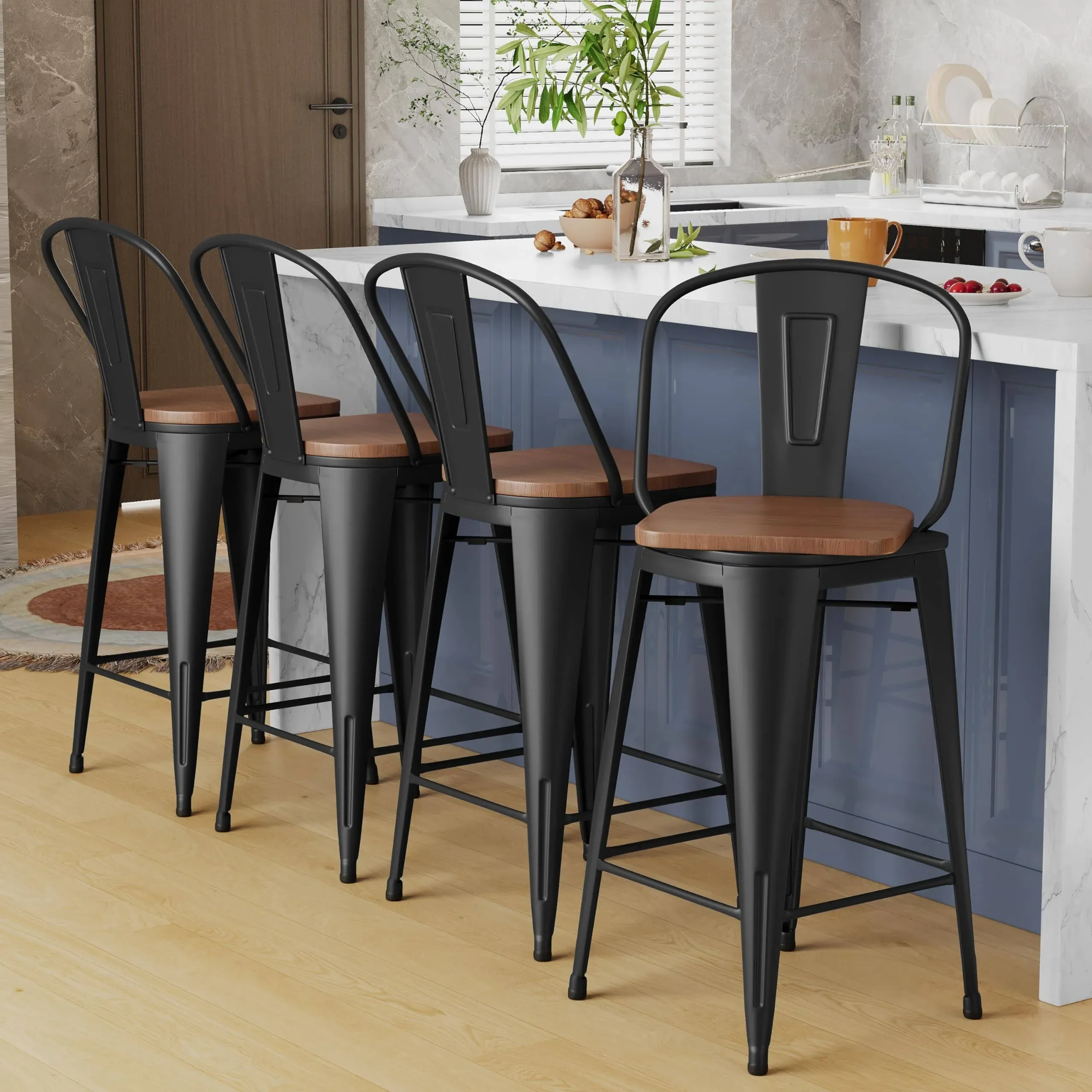 Alunaune 30&#034; Swivel Metal Bar Stools Set of 4 High Back Counter Height Barstools