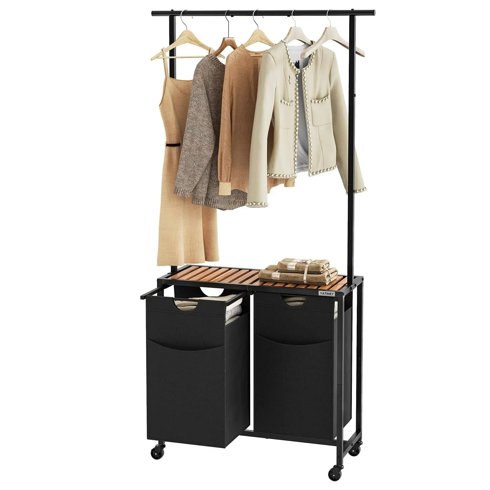 Laundry Sorter with Hanging Bar, Laundry Hamper with Hanging Rack, Rolling La...