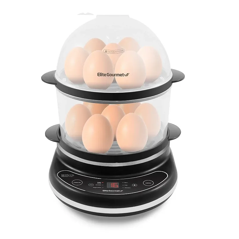 Elite Gourmet EGC314CB Digital Easy Egg Cooker Food Steamer, Poacher, Omelet, Soft, Medium, Hard-Boiled Egg with 6 Programmed Preset Functions, 2-Tiers, Measuring Cup, BPA Free, 14 egg capacity, Black