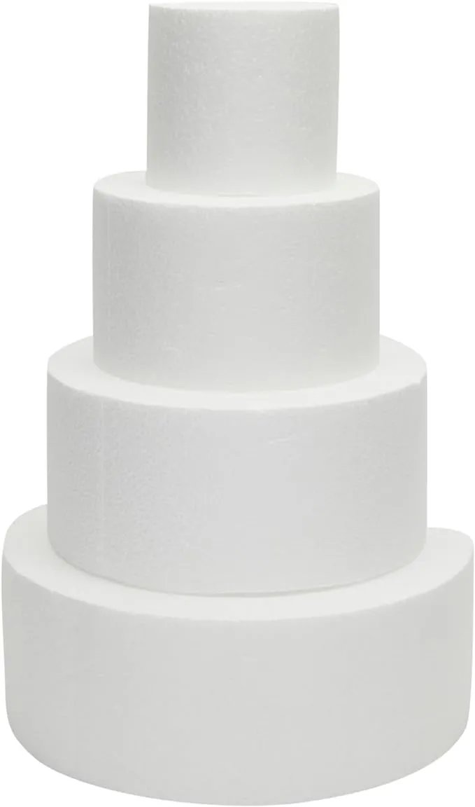 Foam Cake Dummies for Decorating, Display, 4 Tiers of 4" 6" 8" 10" Dummy Wedding Cake Rounds (14.4 Inches Tall)