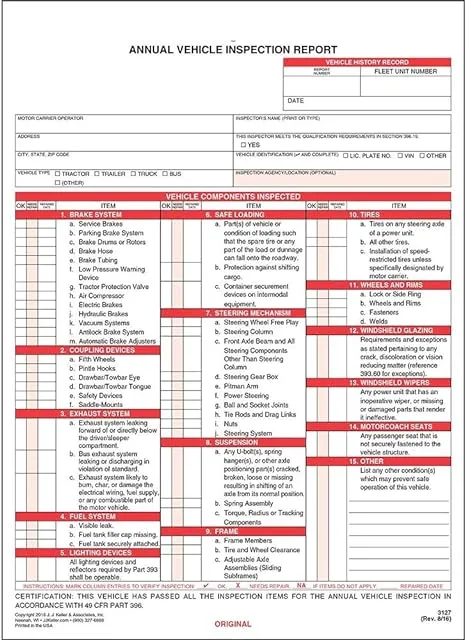 Annual Vehicle Inspection Report Form 50-Pk. - Snap-Out Format 3-Ply Carbonles