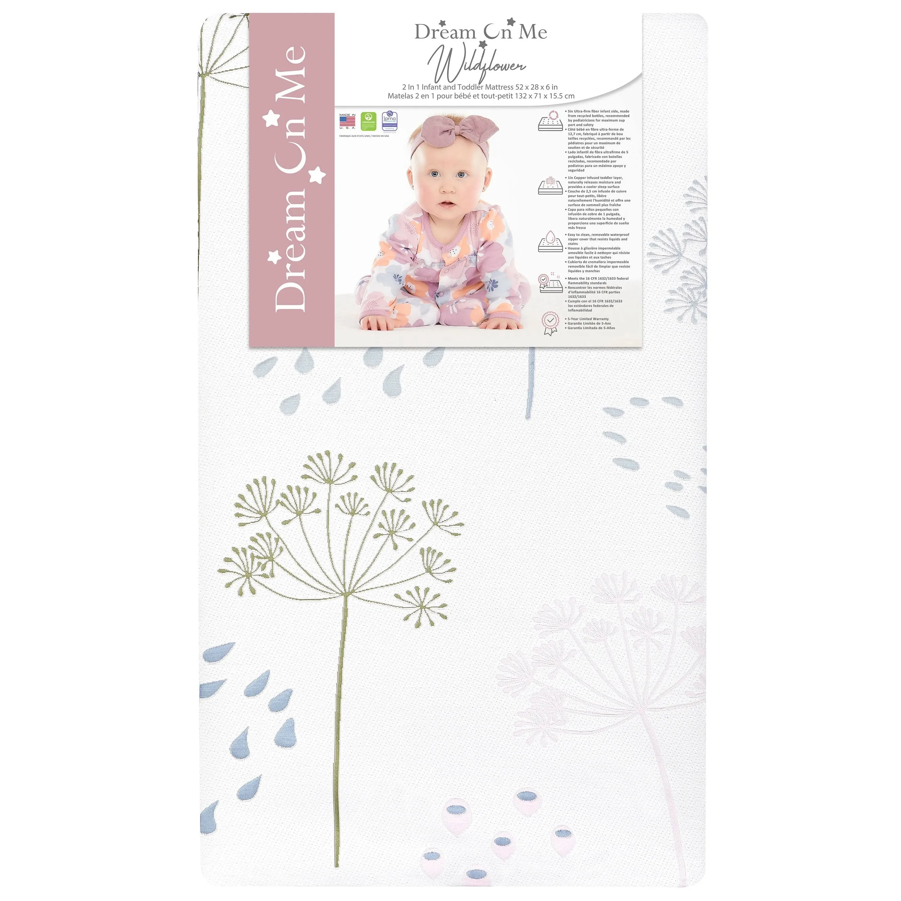 Dream On Me Wildflower 2-in-1 Infant & Toddler Mattress, Floral Print