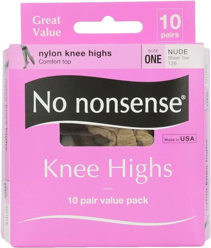 No Nonsense Knee Highs, Nylon, Sheer Toe, Size One, Nude - 10 pair