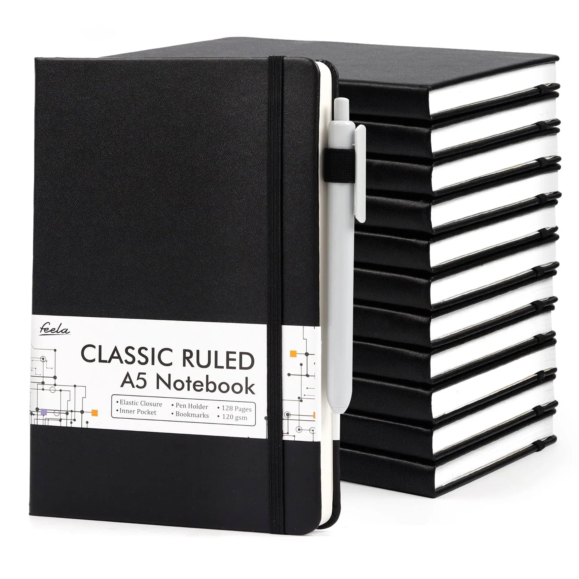 12 Pack Notebooks Journals Bulk with 12 Black Pens, A5 Hardcover Notebook Classi