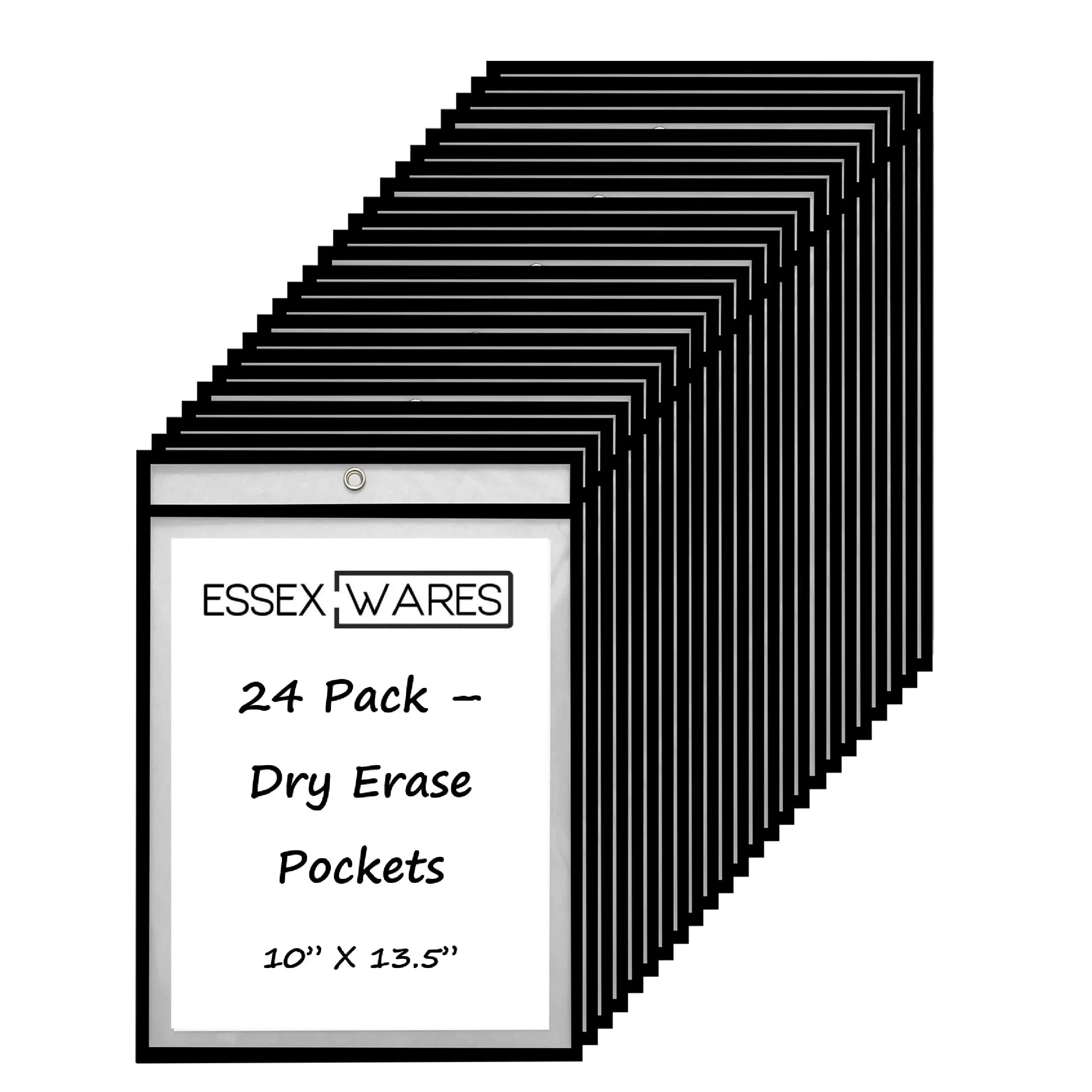 24 Pack Dry Erase Pockets – Black – by Essex Wares – for Teacher Lessons in a Classroom or for Use at Your Home or Office – 10” x 13.5” - Fits Standard Paper