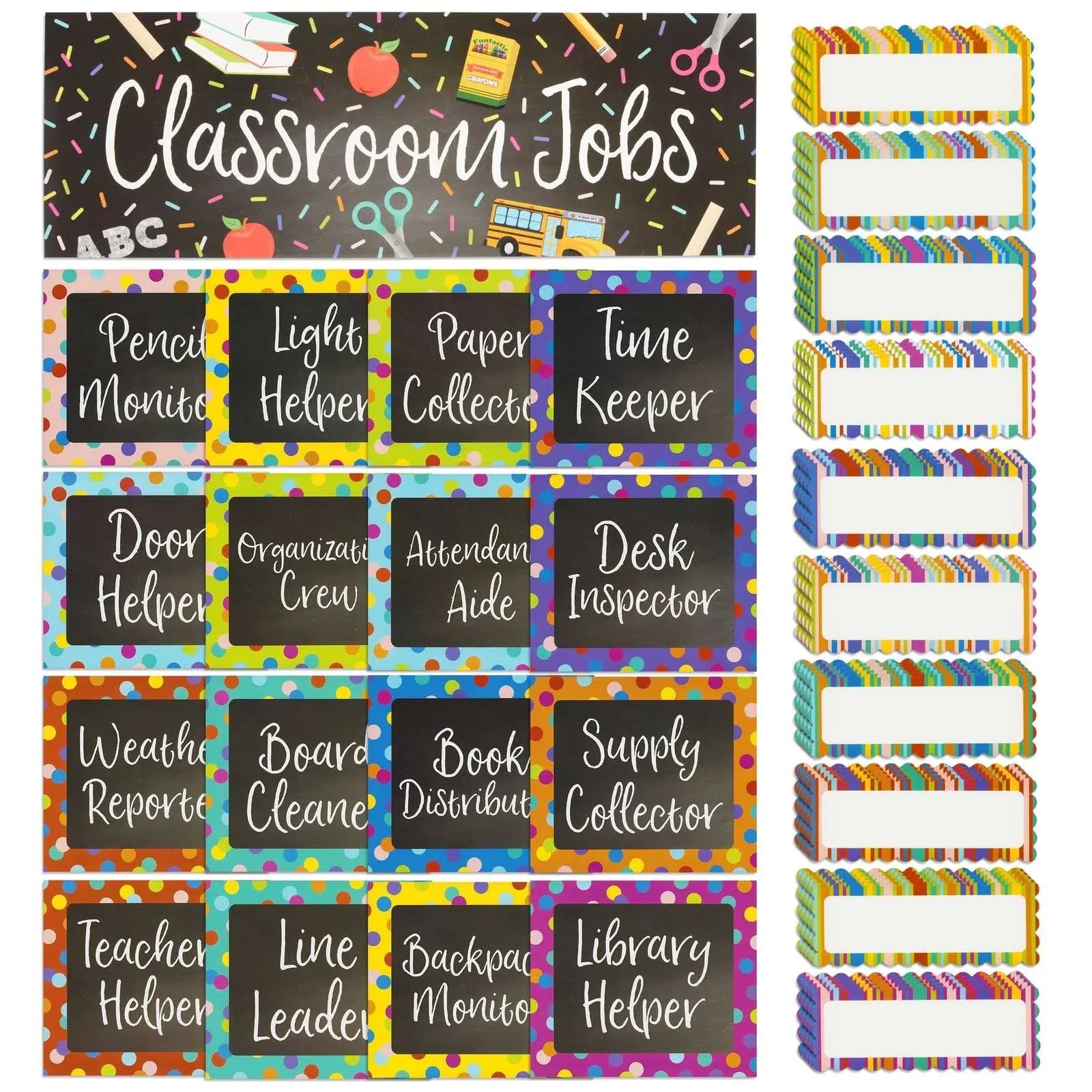 67-Piece Bright Classroom Job Chart Set with Name Tags for Bulletin Board, Chalkboard Decorations, Teacher Supplies, Classroom Teaching Tool, Kids Education (16 Assorted Signs)