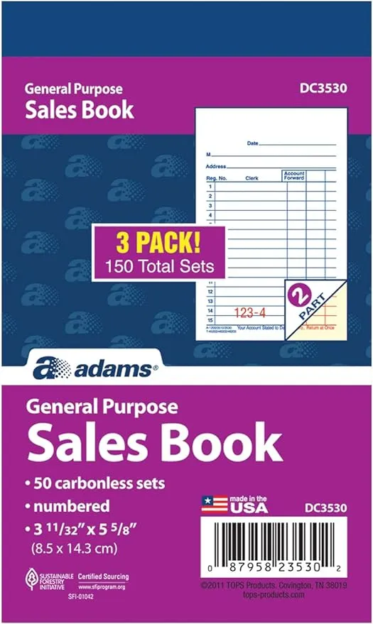 Adams General Purpose Sales Book, 2-Part, Carbonless, White/Canary, 3-11/32 x 5-5/8 Inches, 50 Sets/Book, 3 Books (DC3530)