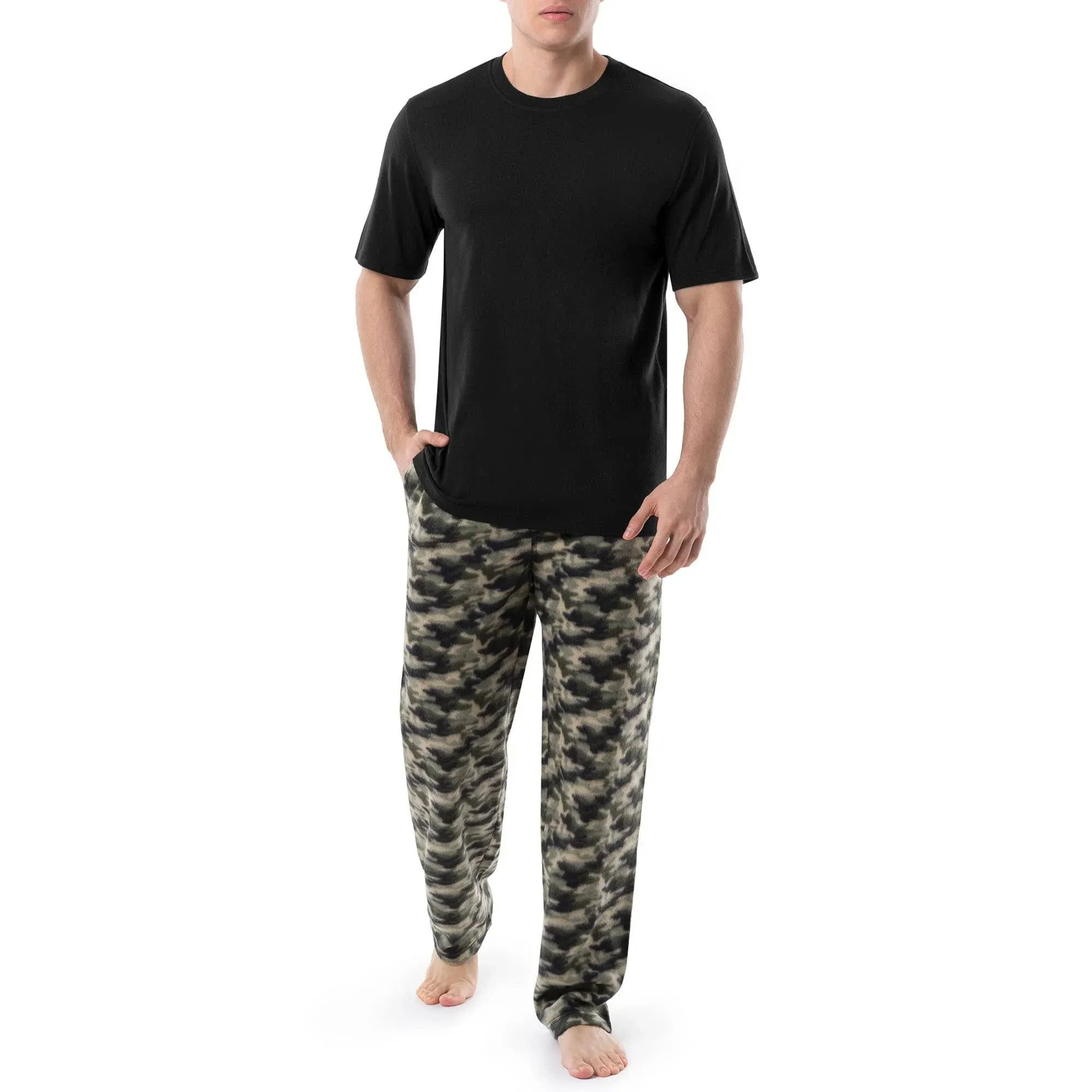 Fruit Of The Loom Men's Short Sleeve Crew Neck Top and Fleece Pajama Pant Set