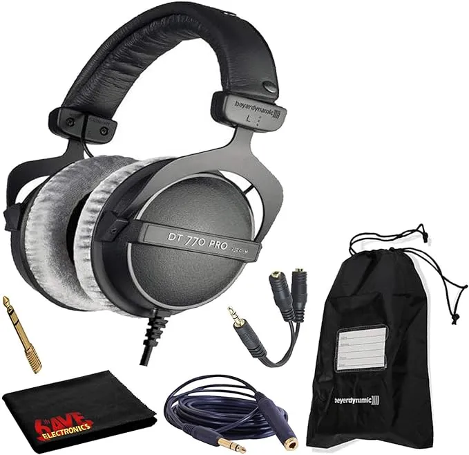 beyerdynamic DT 770 Pro 250 Ohm - Juego de auriculares mezcladores de estudio con respaldo cerrado, incluye funda blanda, divisor de auriculares y cable de extensión, y paño de limpieza 6AVE