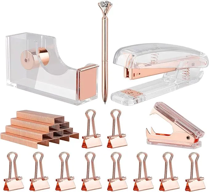 Rosegold Desk Accessory Kitset Of Stapler Staple Remover1000pcs Staplestape Disp