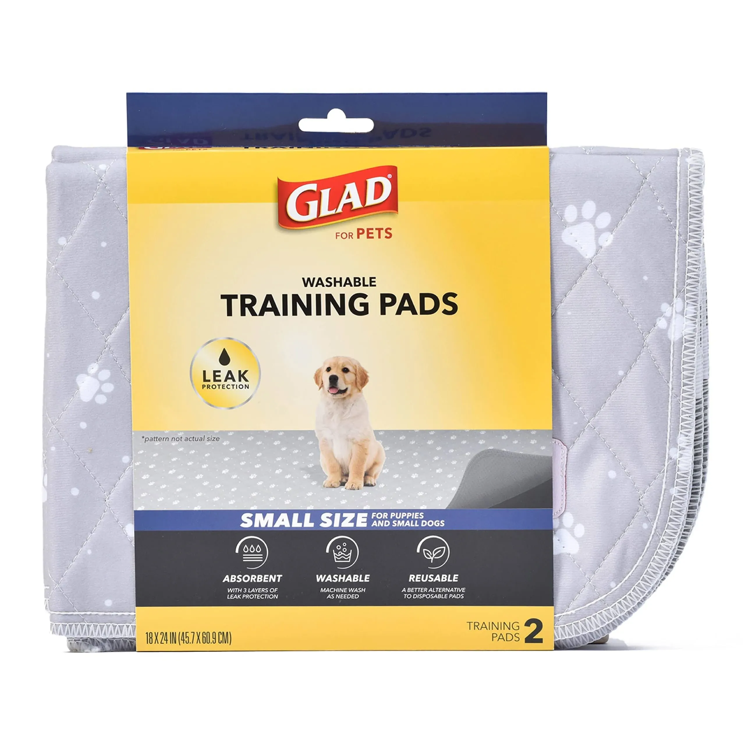 GLAD for Pets Washable Training Pads, Small Size (18”x24”), 2 Pack Gray with Paw