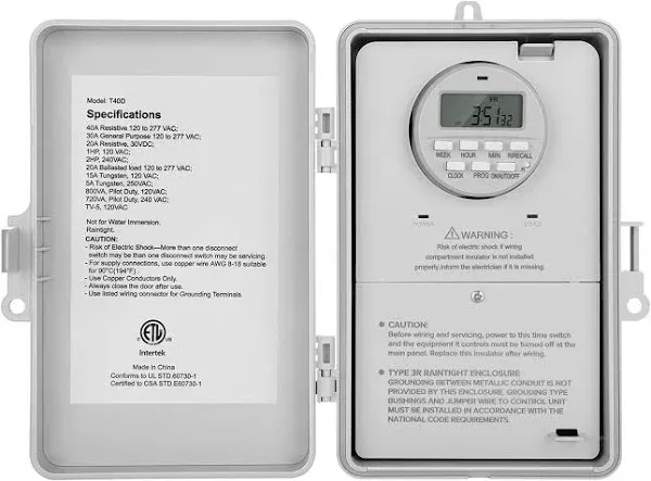 SURAIELEC Pool Timer, 7-Day Programmable Digital Box Timer Switch, 40 Amp, 2HP, 120, 240, 277 Vac, Outdoor Indoor Heavy Duty Po UBTD01A