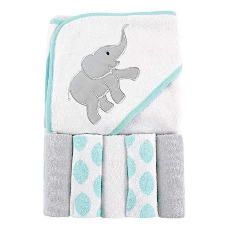 Luvable Friends Hooded Towel &amp; 5 Washcloths 30x30 Inches IKAT Elephant E3F