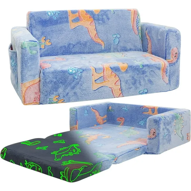 Teler Kids Couch Toddler Chair Kids Sofa Extra Wide Glow in The Dark Baby Convertible Sofa ,Foldable Toddler Bed for Kids Girls Boys