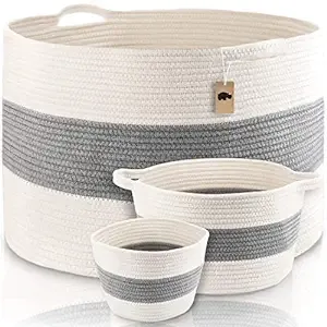 Little Hippo 3PC Large Cotton Rope Basket (21 inchx16 inch) 100% Natural Cotton ...