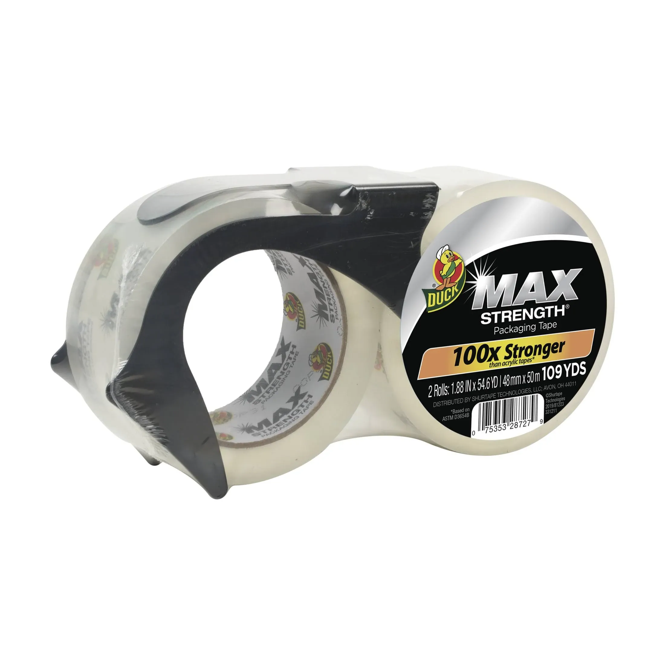 Duck Max Strength Clear Packaging Tape, 2 Rolls Reusable Dispenser,1.88<wbr/>x54.6 Yd.