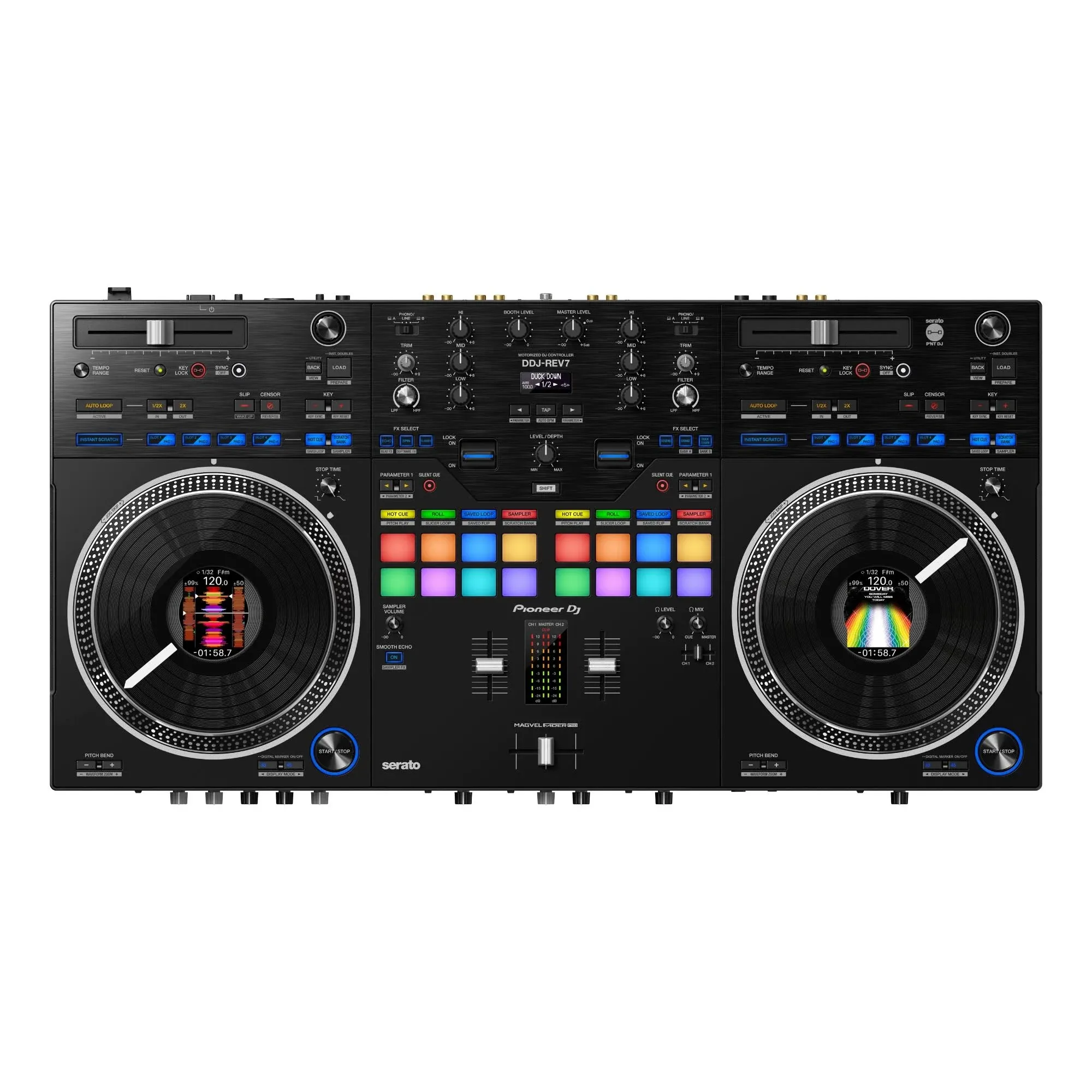 Pioneer DJ DDJ-REV7 2-Channel Serato DJ Pro Controller Kit with Cover, Headphones, Power Strip, and Stand