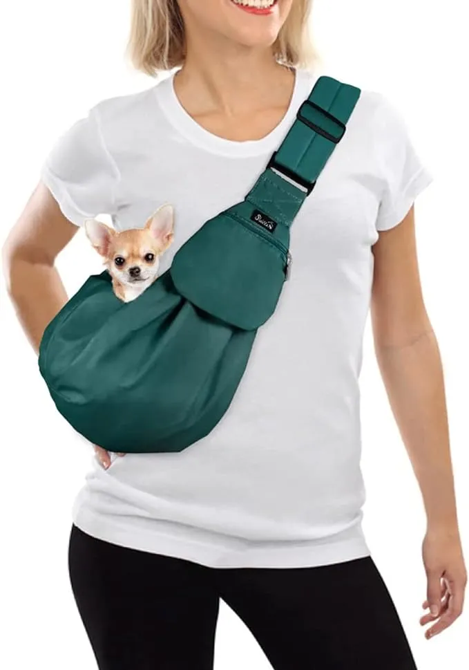 Lukovee Pet Sling, Hand Free Dog Sling Carrier Adjustable Padded Strap Tote Bag Breathable Cotton Shoulder Bag Front Pocket Safety Belt Carrying Small Dog Cat Puppy Machine Washable (Green, M)