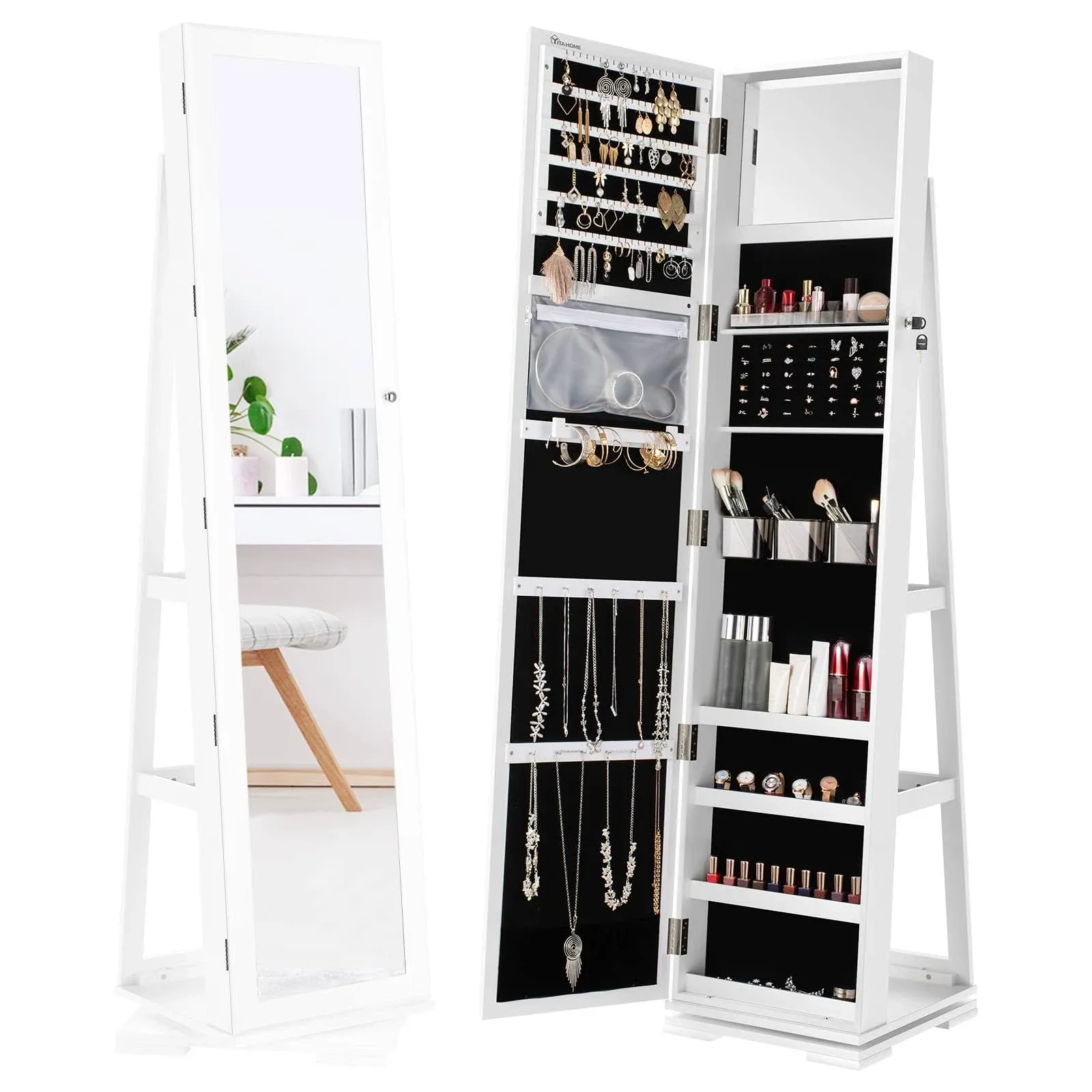 YITAHOME 360Rotating Jewelry Armoire, Lockable Jewelry Cabinet with Full Length Mirror, Large Capacity Floor Standing Jewelry Organizer with Rear Stor