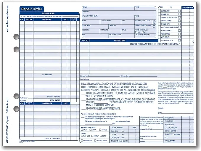 Adams Garage Repair Order, 3-Part, Carbonless, 50/pk