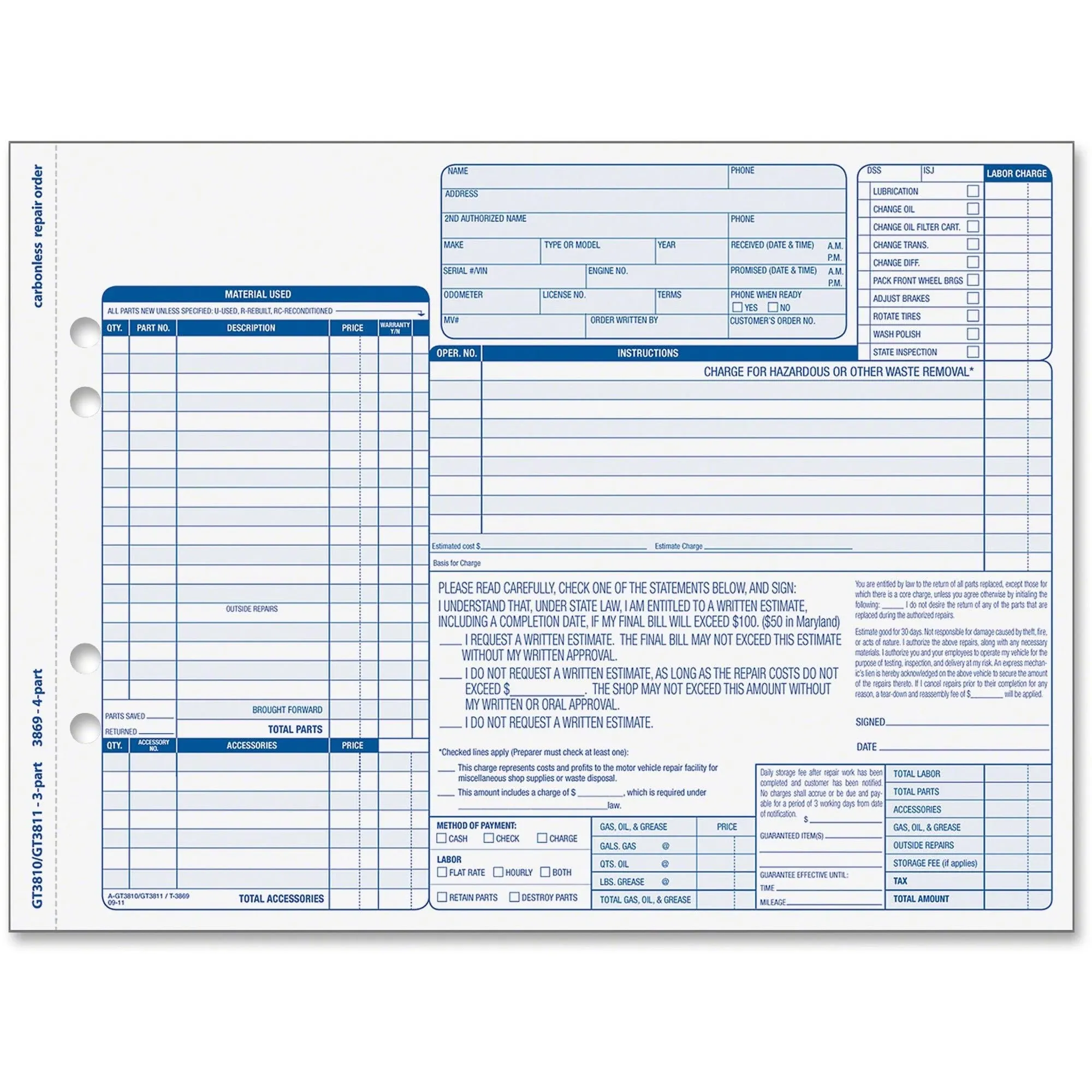 TOPS 3869 Auto Repair Four-Part Order Form, 8 1/2 x 11, Four-Part Carbonless (Pack of 50 Forms)