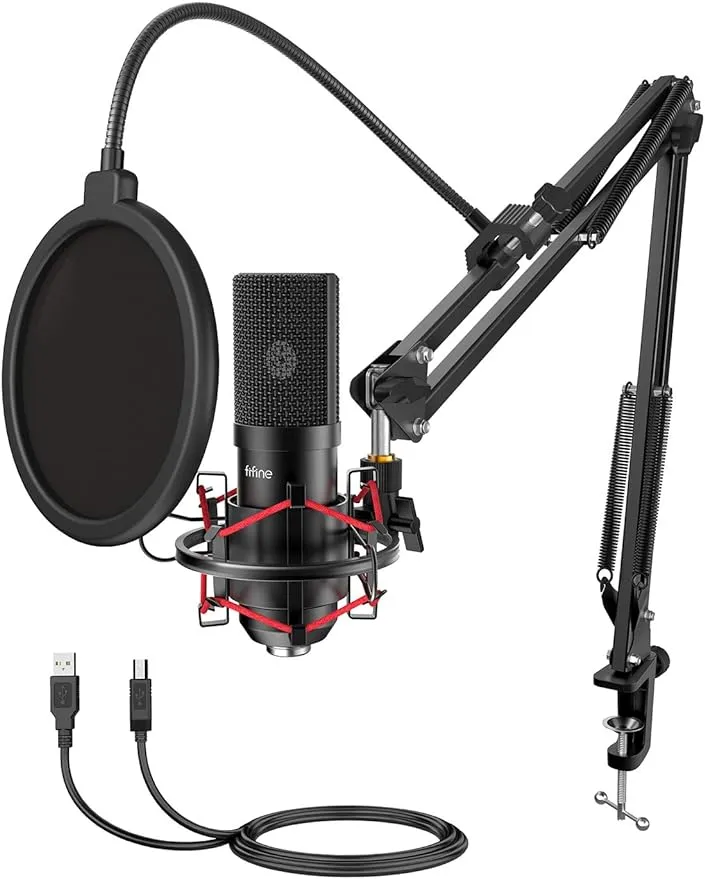 FIFINE Gaming Mics and Microphone Screen, USB Streaming Microphone Set with Flexible Boom Arm Stand Pop Filter, Plug and Play with PC Desktop Laptop Computer Podcast Mic Kit for Home Studio （T732+U1）