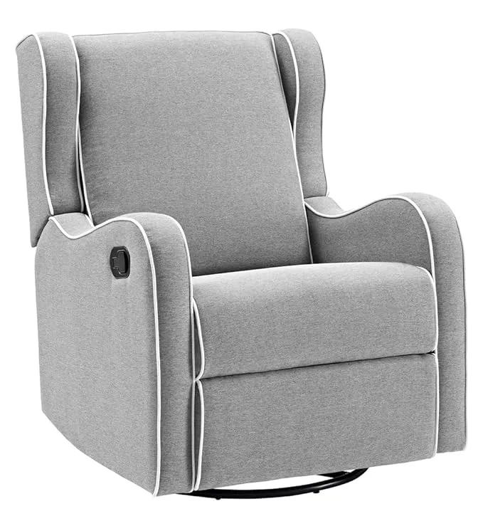 Angel Line Rebecca Upholstered Swivel Gliding Recliner, Gray Linen with White Piping