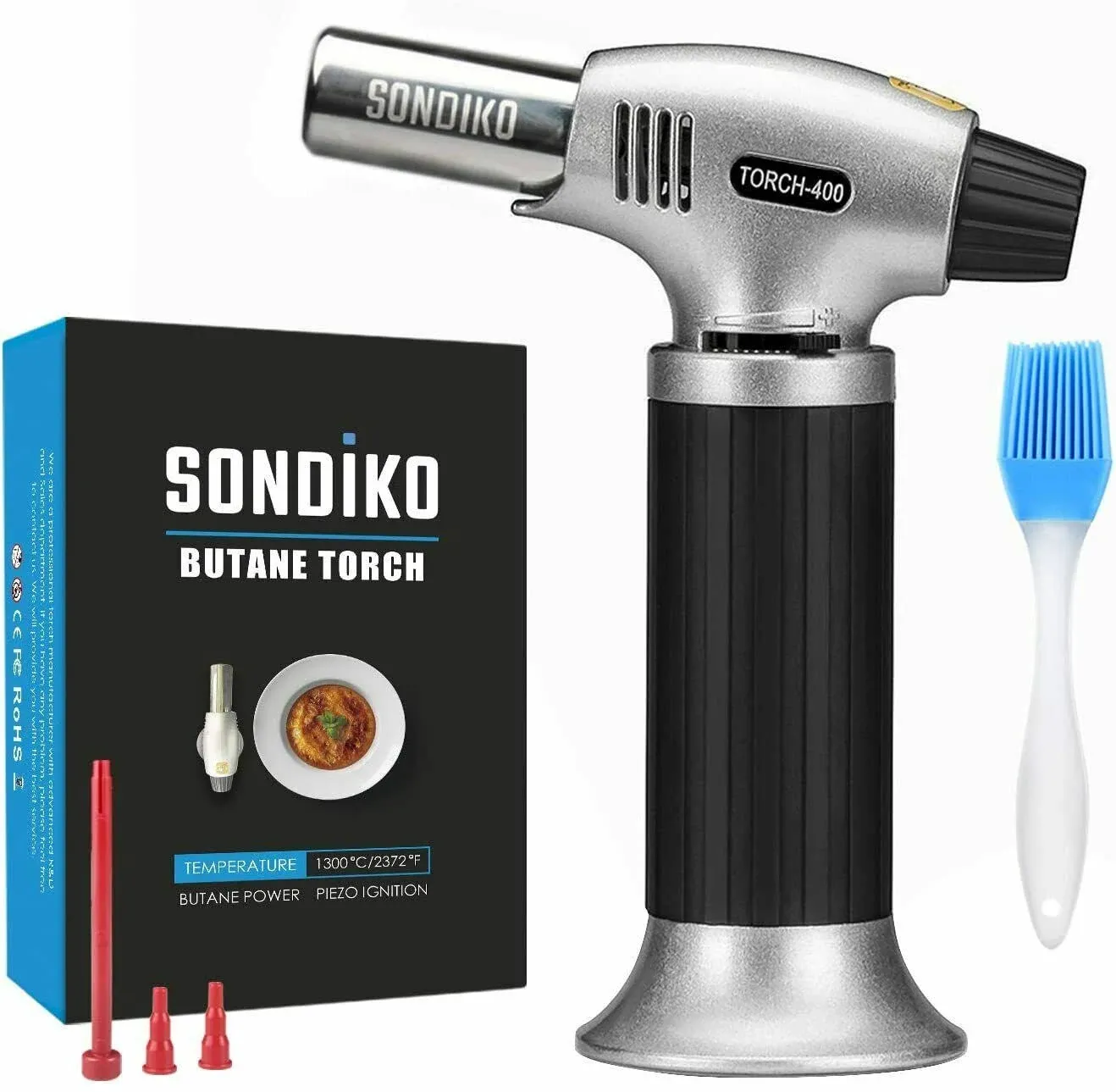 Sondiko Butane Torch S400, Refillable Kitchen Torch Lighter, Fit All Butane Tanks Blow Torch with Safety Lock and Adjustable Flame for Desserts, Creme Brulee, and Baking—Butane Gas Is Not Included